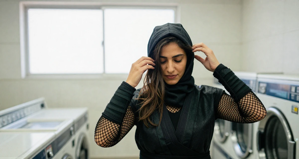 A warmhearted Female From Alexandria Egypt, practiced creative self-portraiture in their 20, hiding insecurity behind a cool facade, wearing a ninja kunoichi outfit with fishnet details, pushing hair from face in a laundromat.