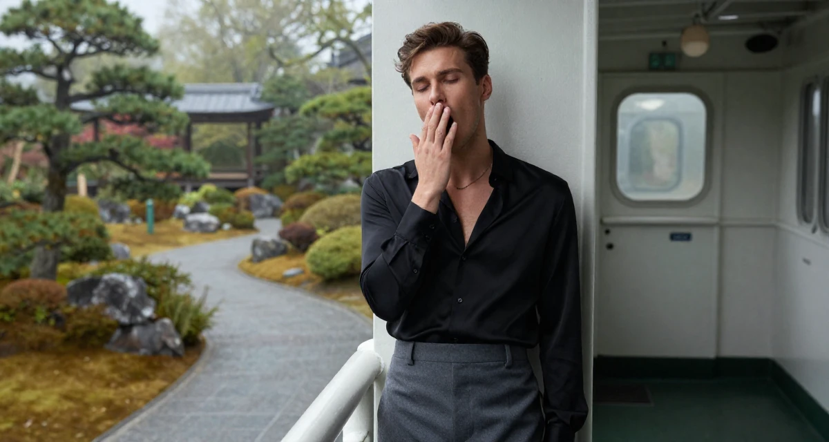 A thoughtful male From Netherlands, studied media and culture in their 22, embracing a “soft seductress” vibe in shoots, wearing a black silk blouse slightly unbuttoned and a grey skirt, stifling a yawn in a ferry deck.