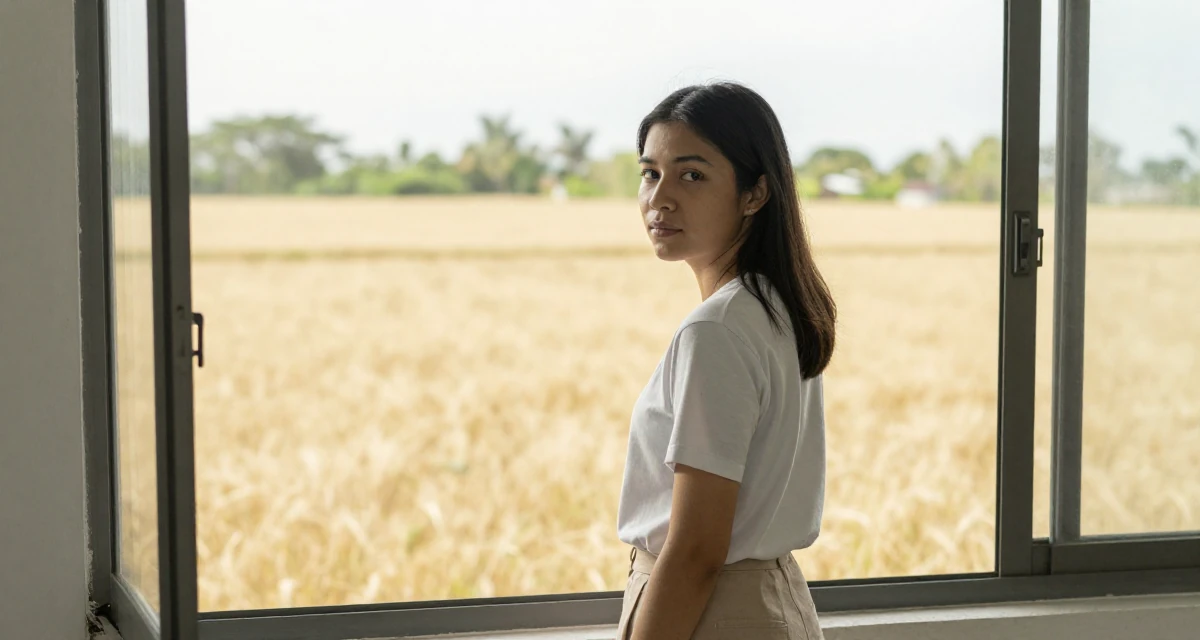 A nostalgic Female From the Philippines, based in Cebu City, graduated from a local college majoring in public relations in their 22, learning how to communicate professionally, wearing a clean, neutral-toned casual outfit, looking out the window in a golden wheat field.