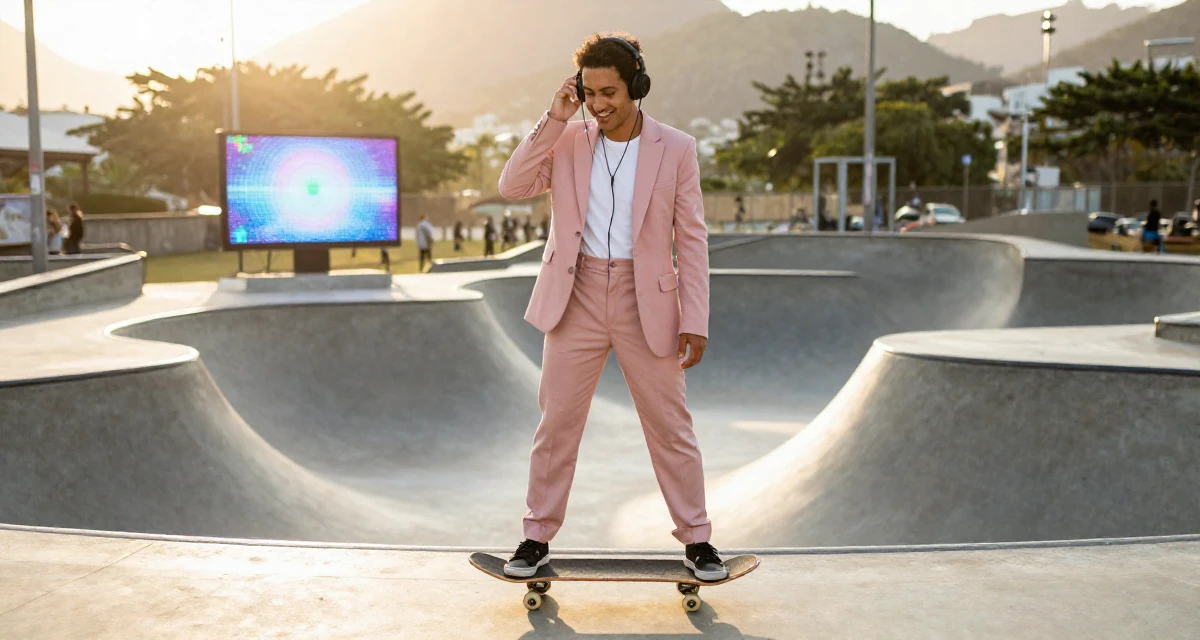 A joyful male From Brazil, based in Rio de Janeiro, graduated from an arts academy majoring in performance aesthetics in their 34, seeking spiritual or philosophical growth, wearing a tailored pantsuit in pastel pink with a white top, listening to music with headphones in a skate park.