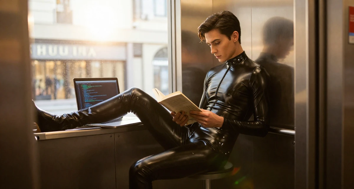 A alluring male Former hotel housekeeper, now offering intimate behind-the-scenes content in their 24, navigating office politics for the first time, wearing a glossy black latex bodysuit with futuristic details, reading a book intently in a corporate elevator.