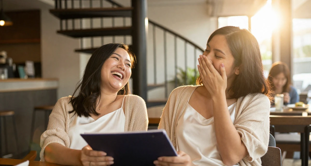 A cool and collected Female From Singapore, holds a degree in data science in their 49, celebrating female friendship and support, wearing a white silk camisole and a beige cardigan, covering a laugh with one hand in a cozy café.