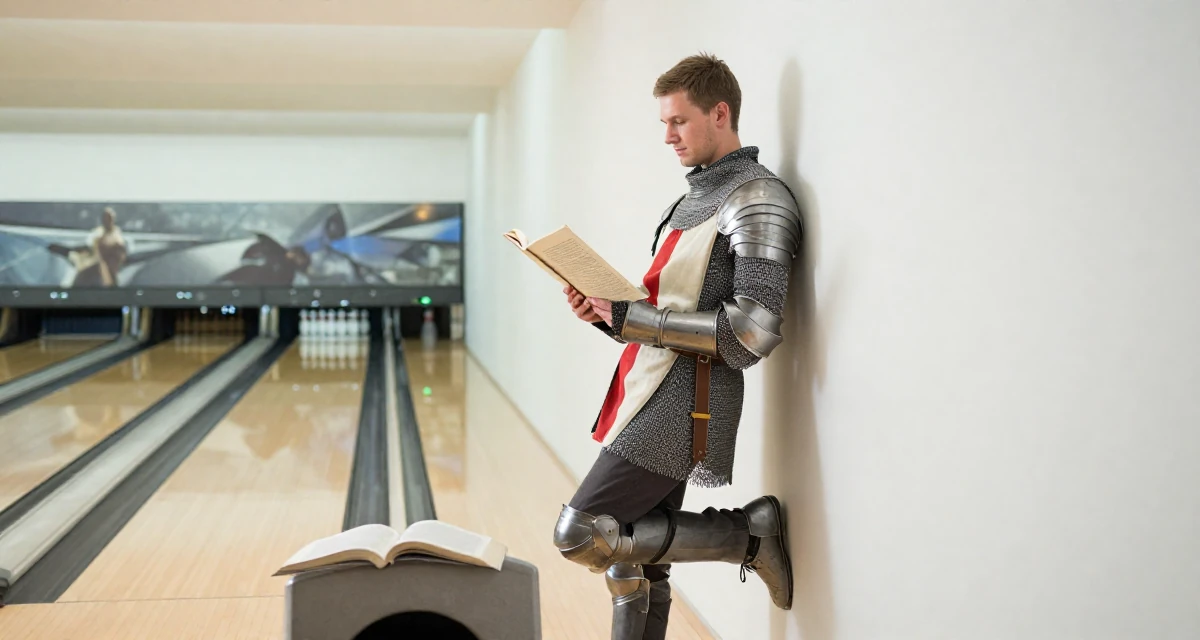 A zen-like male From Tampere Finland, learned intimate storytelling through slow-mode videography in their 23, discovering the thrill of tasteful seduction, wearing a female knight armor with a tabard and chainmail, turning a page in a bowling alley.