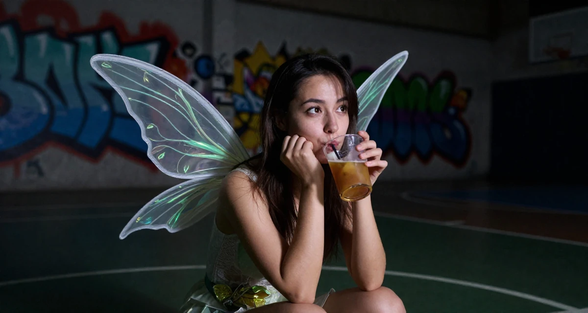 A triumphant Female From Aarhus Denmark, studied digital concept development in their 25, learning to flirt through camera presence alone, wearing a fairy costume with translucent iridescent wings, sipping a warm drink in a basketball court.