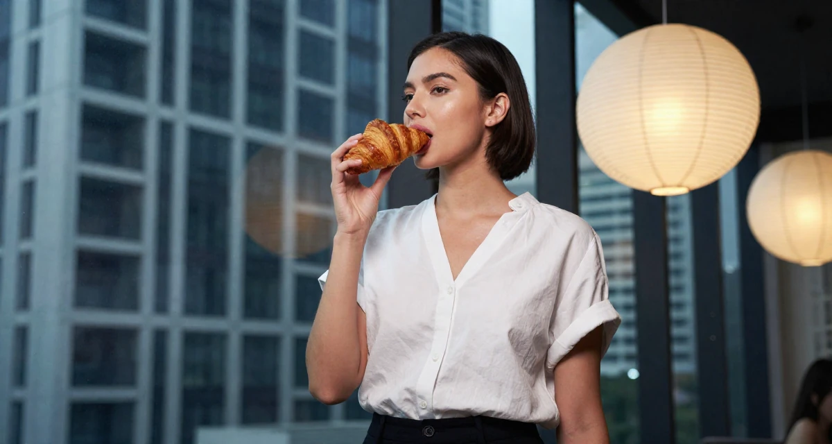 A cool and collected Female From Kuala Lumpur Malaysia, self-taught content creator specializing in color grading in their 25, letting go of the need to please everyone, wearing a minimalist Scandinavian style, eating a croissant in a high-rise office building.