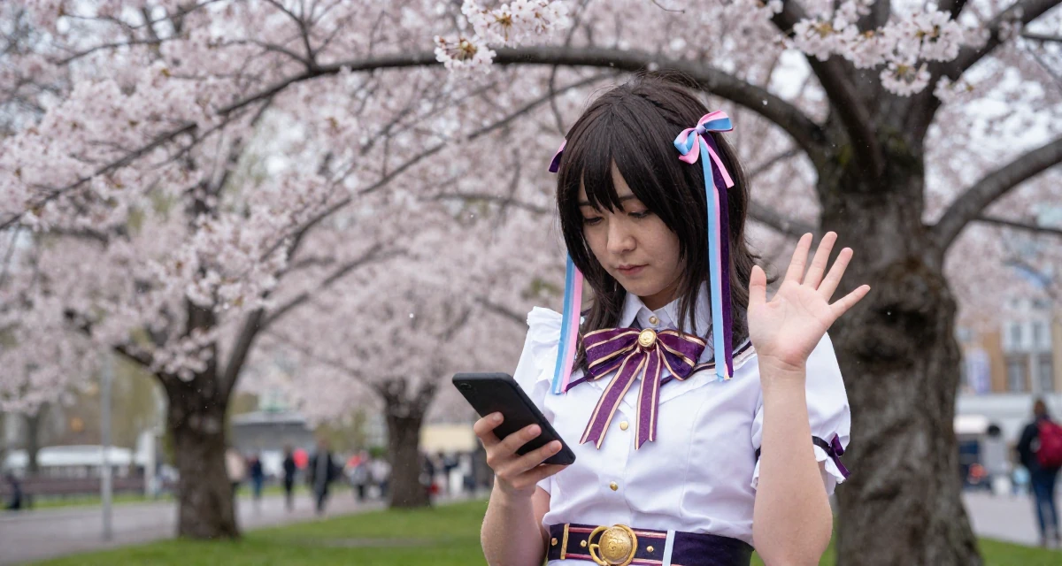 A absent-minded Female From Helsinki Finland, practiced emotional expression through self-portrait art in their 22, choosing bolder themes with more creative direction, wearing a anime idol stage costume with ribbons and glitter, scrolling casually in a cherry blossom park.