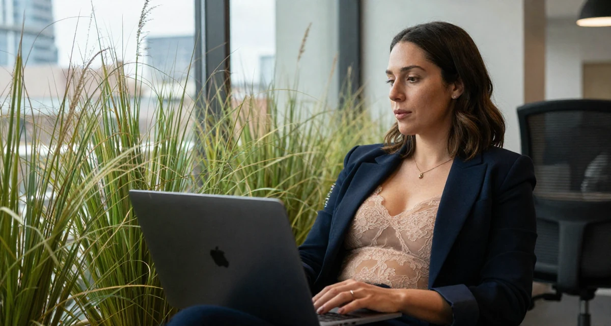 A introspective Female From USA, studied supply chain management in their 39, reflecting on a decade of professional growth, wearing a sheer lace bodysuit worn under a blazer, holding a laptop in a office break room.