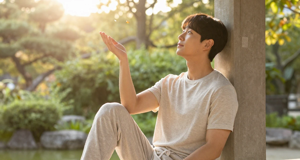 A dreaming male From South Korea, has a background in cosmetics chemistry in their 34, ex-corporate lawyer turned yoga instructor, wearing a comfortable lounge wear set, catching a falling flower petal in a botanical garden.