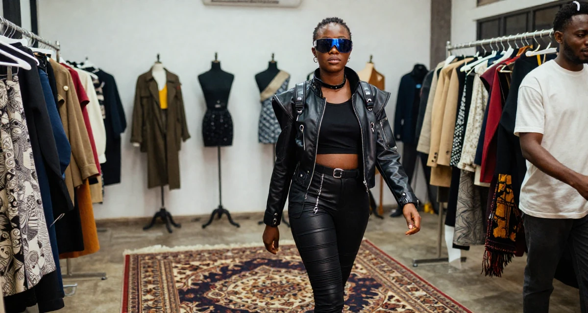 A dreamy Female From Ghana, majored in banking and finance in their 34, sharing the journey of infertility and hope, wearing a cyberpunk hacker outfit with oversized tech glasses, lowering sunglasses to look out in a fashion design studio.