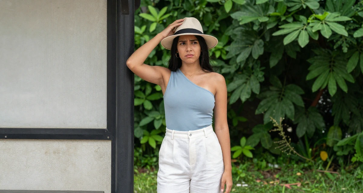 A confused Female From Venezuela, majored in public administration in their 24, exploring opportunities for self-expression, wearing a one-shoulder fitted top and white linen trousers, tipping a hat in a bus stop.