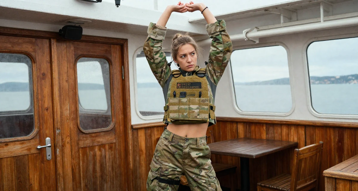 A confused Female From Norway, based in Bergen, graduated from a regional college majoring in creative communication in their 21, seeking deeper connections beyond small talk, wearing a tactical military gear with a cropped vest and cargo pants, pulling up a sock in a ferry deck.