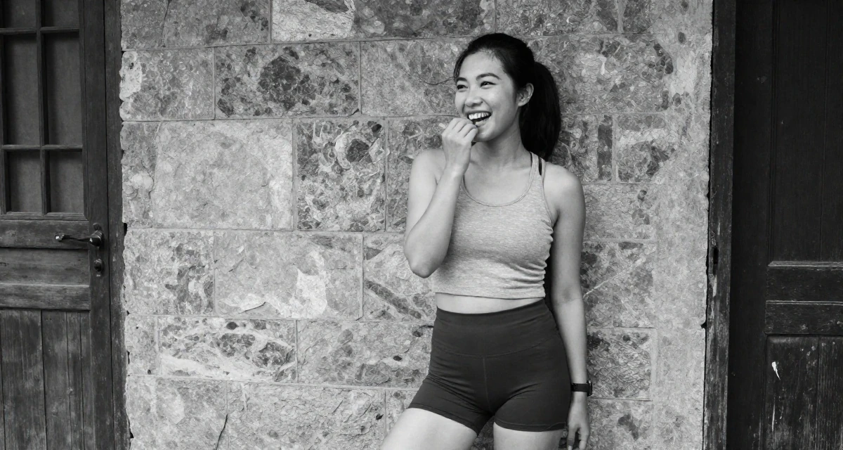 A ecstatic Female Born Chinese-speaking regions, studied strategic communication in their 21, planning a gap year to escape reality, wearing a cropped gym top and high-cut running shorts, biting a lip thoughtfully in a front porch.