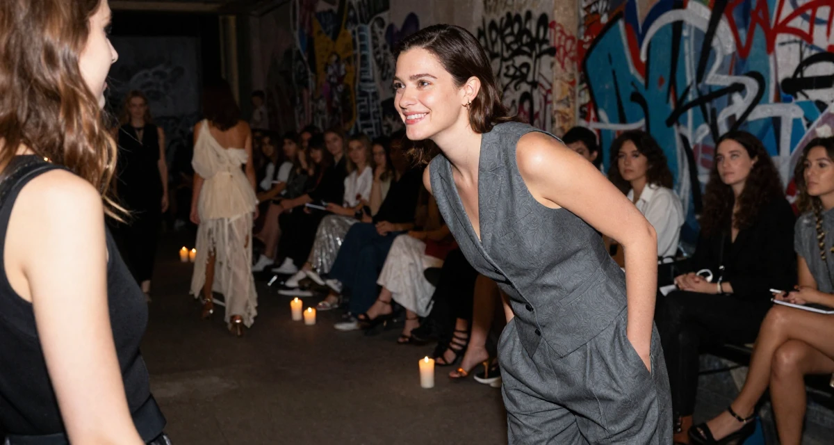 A dreaming Female From Lyon France, learned couture aesthetics and editorial styling in their 25, developing a stronger creator identity and niche, wearing a grey vest and matching trousers outfit, smiling at a stranger in a fashion runway.