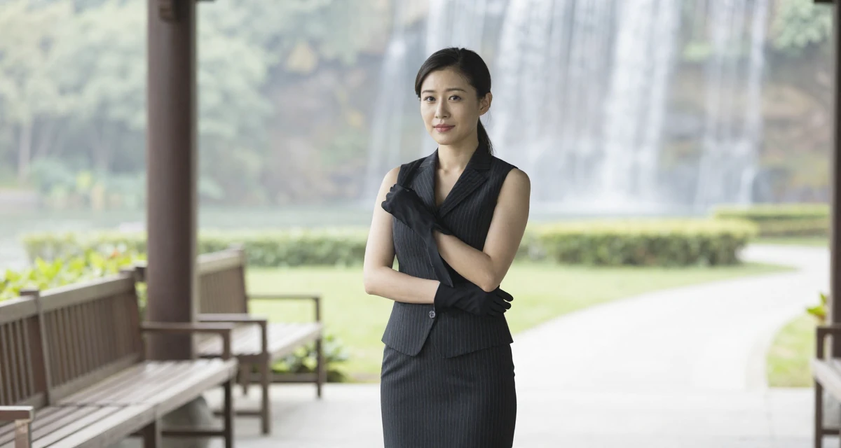 A calm and confident Female From Chinese-speaking regions, majored in human resource development in their 33, dealing with rising living costs, wearing a pinstripe pencil skirt and a matching vest top, removing a glove in a front porch.