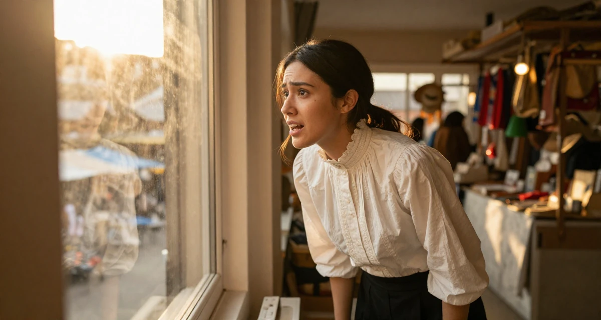 A anxious but excited Female Once a taekwondo athlete, now a confidence-driven creator in their 24, understanding personal limits and staying safe, wearing a high-neck victorian style blouse and black slacks, looking at a reflection in a window in a home interior.