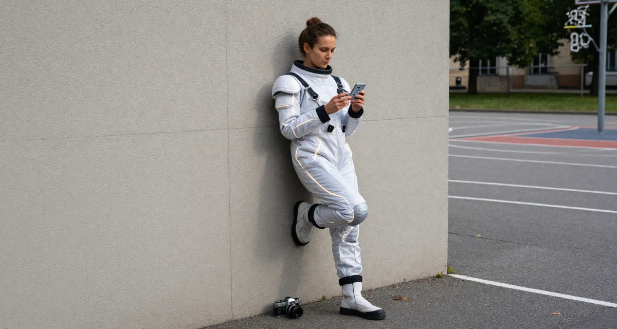 A absent-minded Female From Czech Republic, based in Ostrava, graduated from a creative university majoring in emotional visual arts in their 49, celebrating the beauty of imperfection, wearing a futuristic space pilot plugsuit with glowing lines, examining a product in a basketball court.