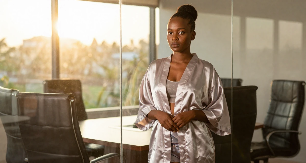 A stoic and strong Female From Burundi, studied business accounting in their 25, standing tall with newfound self-assurance, wearing a silky kimono robe worn open over loungewear, clasping hands together in a glass-walled conference room.
