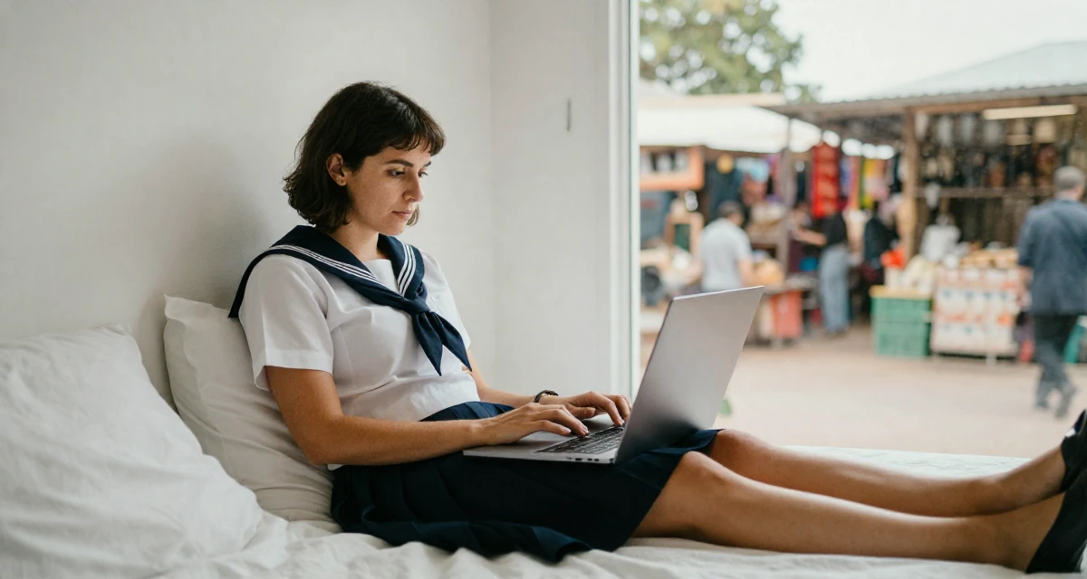 A ethereal Female Raised in Kenya, studied digital entrepreneurship in their 45, expert in vintage wine and culinary arts, wearing a Japanese school sailor uniform (seifuku) with a pleated skirt, typing on a laptop in a minimalist bedroom.