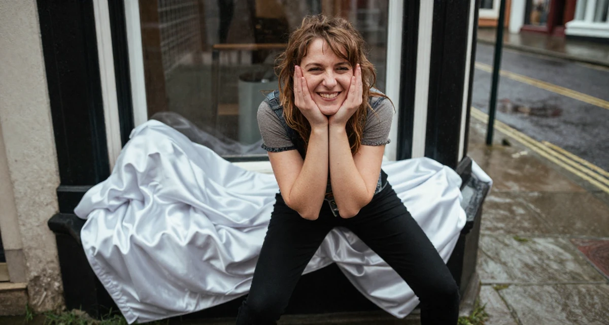 A smirking Female From Ireland, studied creative writing in their 24, leaning into confidence as a form of creative expression, wearing a modern grunge aesthetic, laughing softly in a rainy street corner.