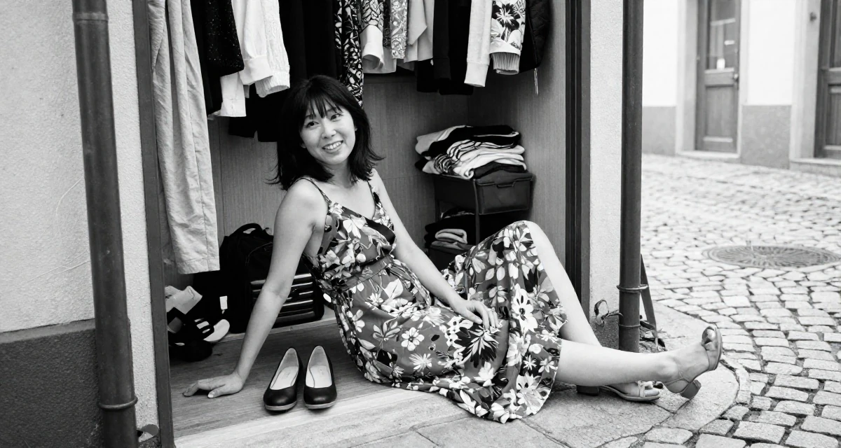 A positive Female From Japan, studied English literature in their 39, sharing stories of resilience and growth, wearing a backless summer sundress in a floral print, tapping a foot in a walk-in wardrobe.