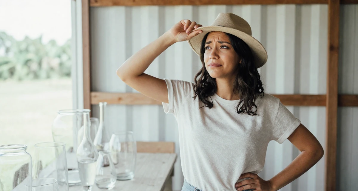 A playful Female From Venezuela, majored in public administration in their 20, heartbroken over a summer romance, wearing a soft organic cotton clothing, adjusting a hat in a barn interior.
