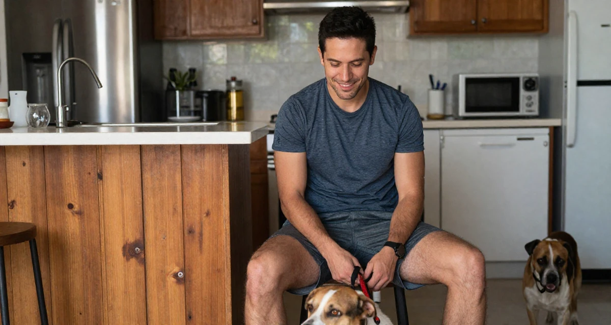 A pleased male From Mexico, majored in advertising and PR in their 21, focused intensely on fitness and glow-up culture, wearing a comfortable urban casual outfit, walking a dog (leash visible) in a sunlit kitchen island.