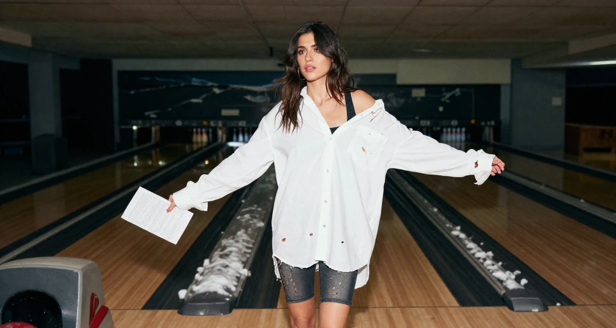 A ethereal Female From Chicago USA, holds a degree in communications in their 25, feeling pressure from family about marriage, wearing a oversized white shirt worn off one shoulder and biker shorts, holding a piece of paper in a bowling alley.