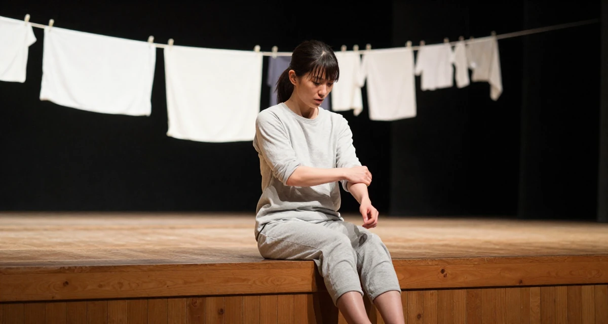 A intense Female From Sapporo Japan, trained in fitness and body sculpting in their 21, realizing childhood friends are drifting away, wearing a soft organic cotton clothing, adjusting sleeves in a empty theater stage.