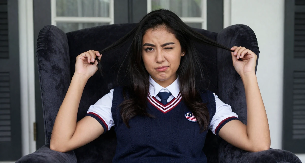 A relaxed and observant Female From Kuala Lumpur Malaysia, majored in accounting in their 28, facing creator fatigue while pretending to thrive, wearing a classic collegiate style, winking playfully in a front porch.