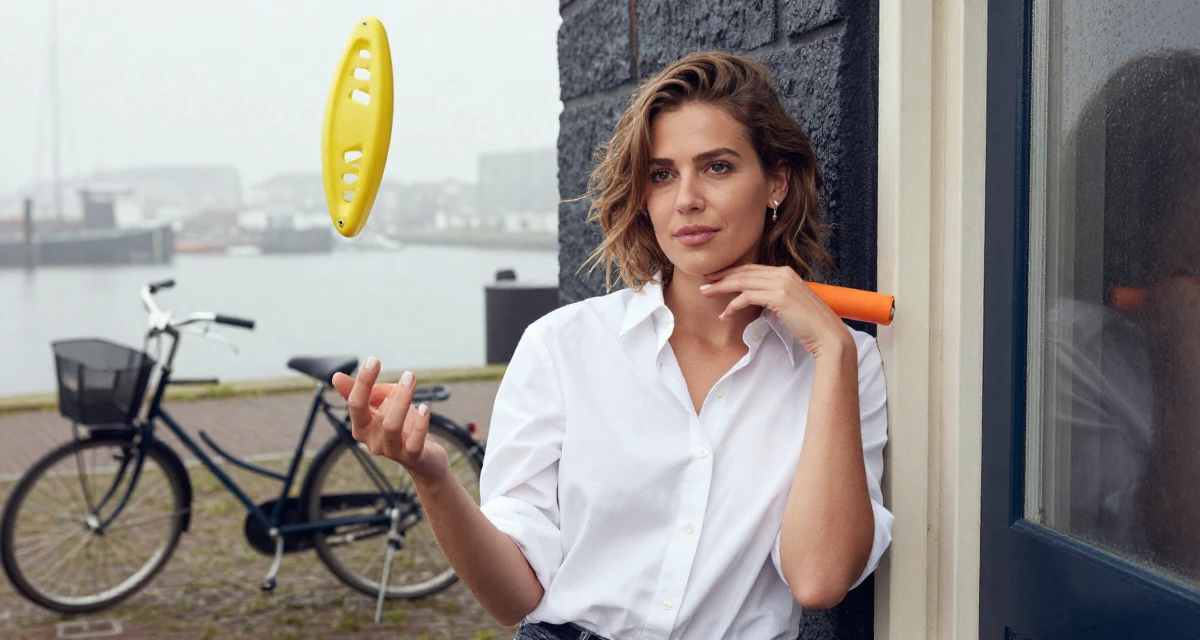 A reassured Female From the Netherlands, studied user experience design in their 26, juggling real-life chaos with online expectations, wearing a crisp button-up with rolled sleeves, leaning against a door in a foggy harbor.