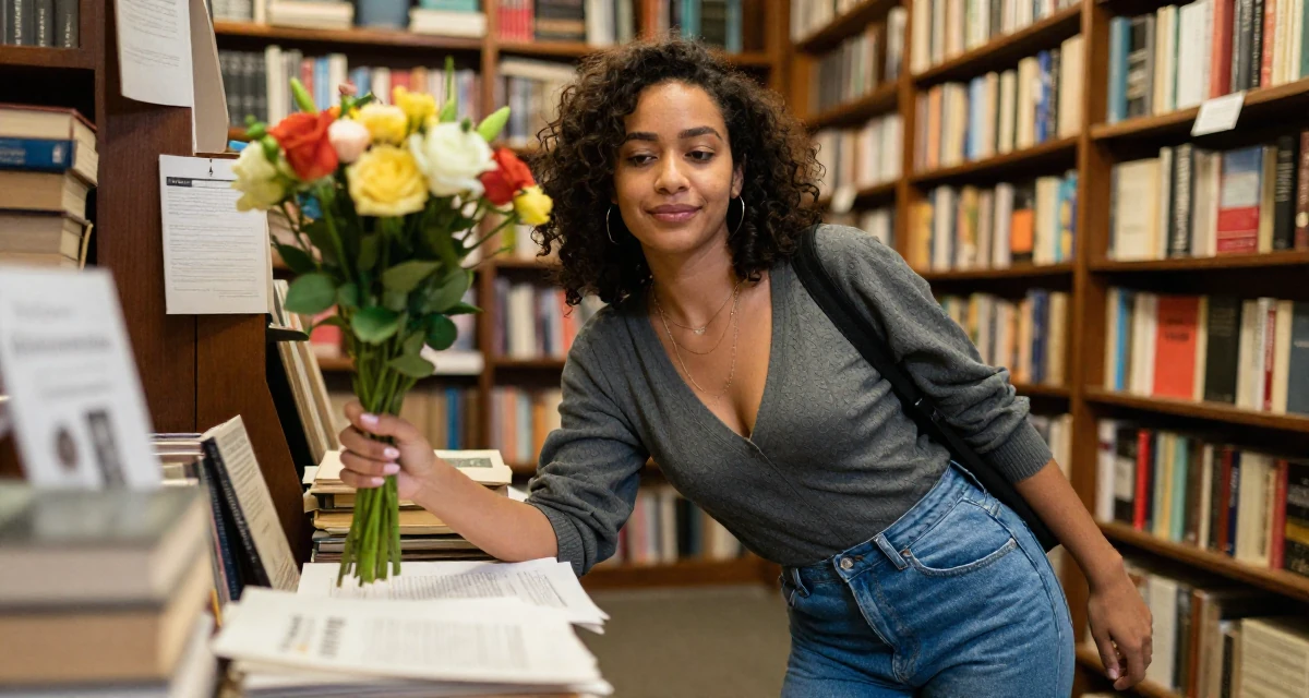 A gently amused Female Born in South Africa, studied political communication in their 24, balancing sensuality with authenticity, wearing a comfortable urban casual outfit, holding a bouquet in a vintage bookstore.