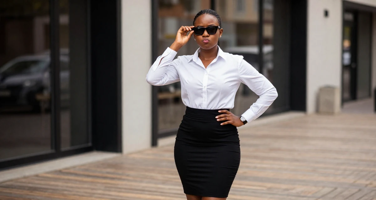 A pouting Female From Zambia, majored in marketing communication in their 24, reinvesting earnings in better lighting and props, wearing a fitted white button-down shirt and a black pencil skirt, putting on sunglasses in a urban street.