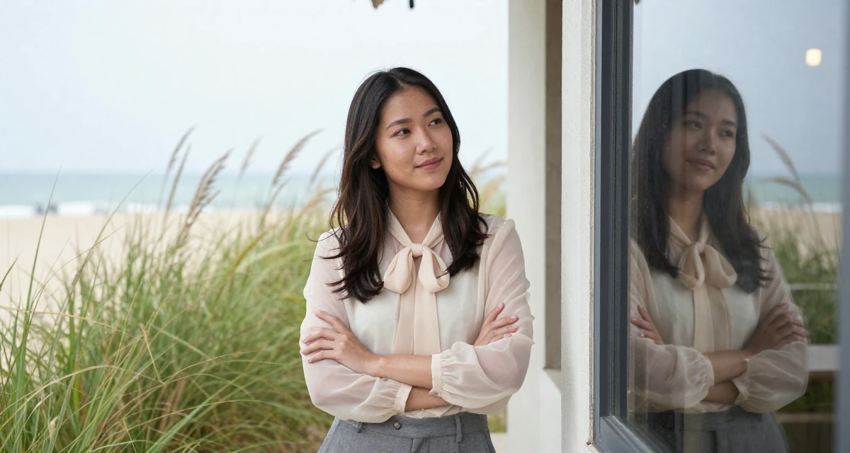 A contented Female From Thailand, studied hospitality management in their 21, seeking internships and professional validation, wearing a sheer chiffon blouse with a bow tie neck and slacks, looking at a reflection in a window in a beach bar.