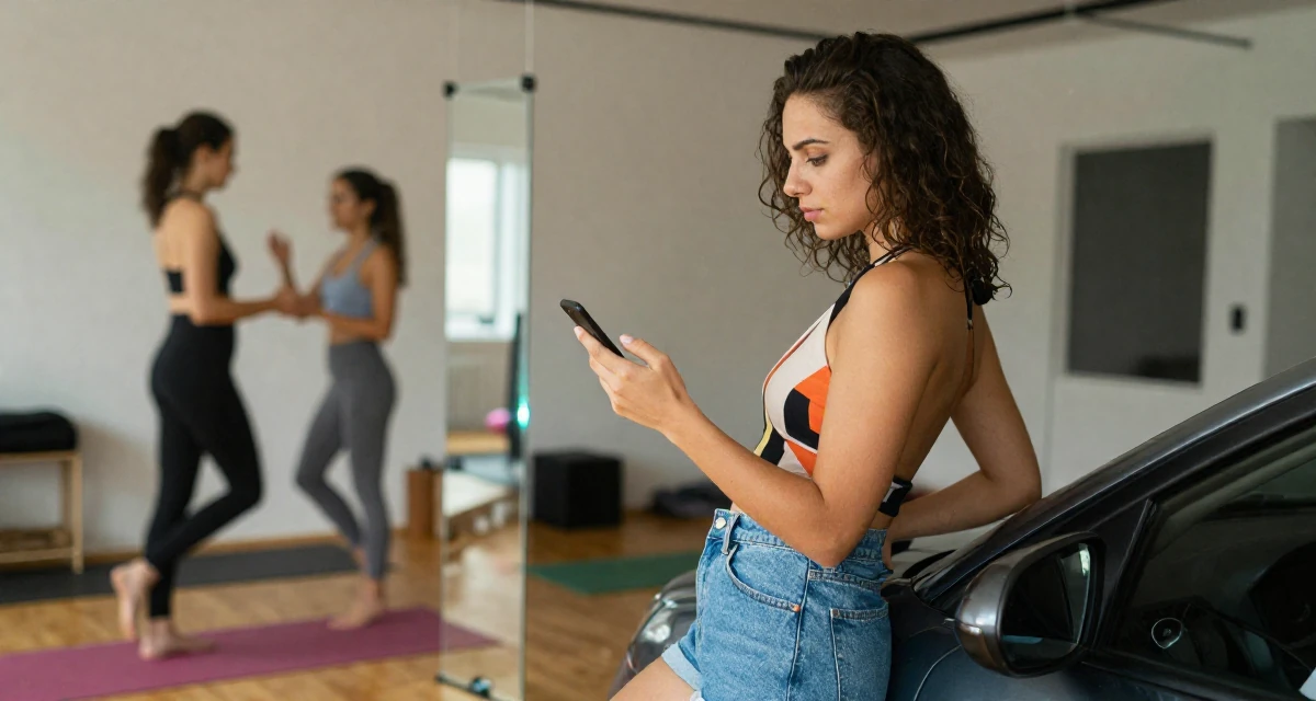 A contemplative Female From Hungary, based in Debrecen, graduated from a fashion program majoring in bold thematic styling in their 22, facing creative blocks during busy weeks, wearing a backless halter top and denim shorts, scrolling casually in a yoga studio.