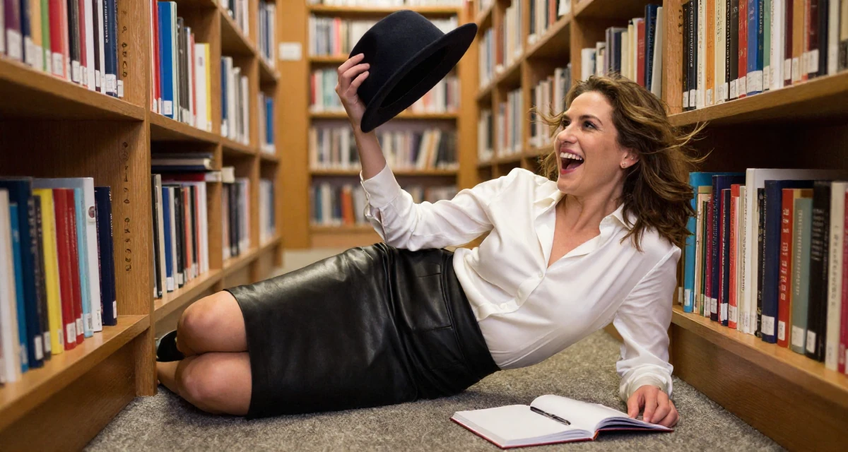 A ecstatic Female From Geneva Switzerland, studied elegance-based visual storytelling in their 37, embracing the chaos of family life with humor, wearing a white silk shirt tucked into a leather pencil skirt, holding a hat against the wind in a library aisle.