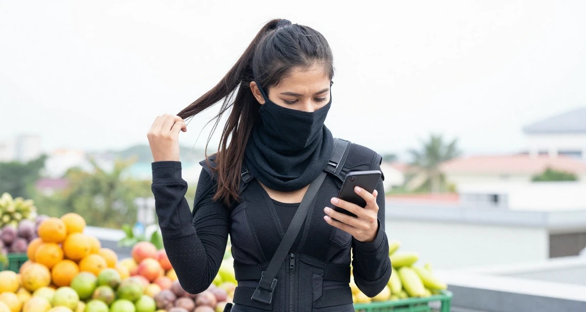A sentimental Female From Thailand, based in Phuket, graduated from a media academy majoring in tropical glamour production in their 21, struggling to disconnect from social media, wearing a tech-wear ninja outfit with a face mask, wrapping a scarf around the neck in a rooftop garden.