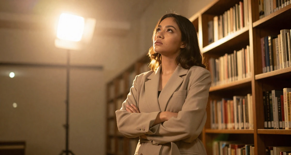 A aloof Female From Johor Malaysia, studied early childhood education in their 34, wearing success like a second skin, wearing a oversized blazer worn as a dress with a belt, looking up at the sky in a basement studio.