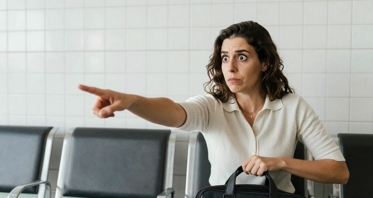 A defiant Female From Buenos Aires Argentina, trained in tango and partner flow in their 20, eyes wide with wonder and confusion, wearing a smart knit polo, closing a bag in a waiting room.