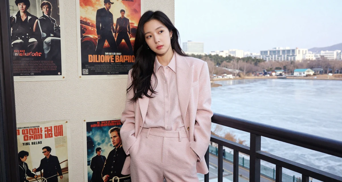 A lonely Female From Seoul South Korea, studied international relations in their 24, feeling cynical about the corporate ladder, wearing a soft pastel-colored ensemble, putting hands in pockets in a luxury penthouse balcony.