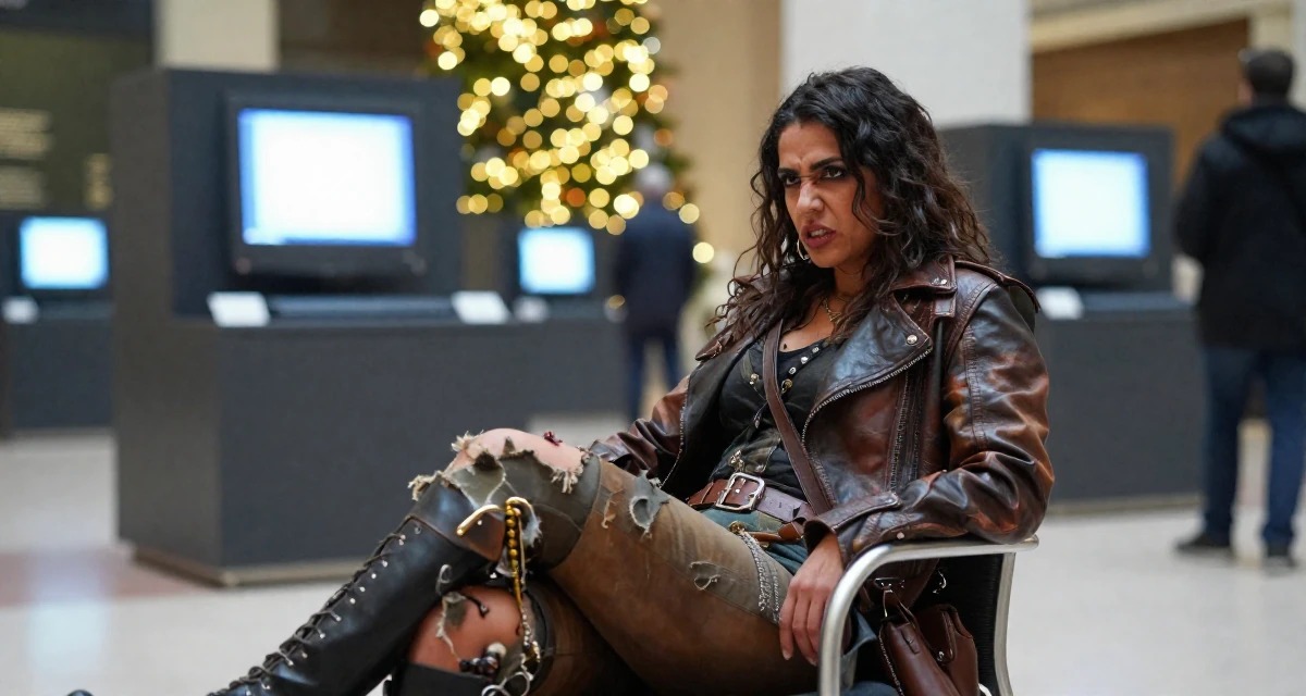 A ferocious Female From Arabic-speaking world, studied interior architecture in their 24, healing from past emotional wounds, wearing a post-apocalyptic scavenger outfit with distressed leather, crossing legs in a museum exhibit.