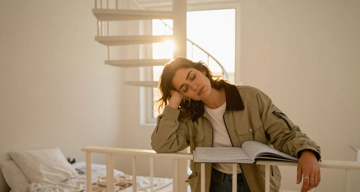 A sleepy Female From Portugal, majored in architecture in their 20, balancing part-time jobs with intense study schedules, wearing a retro windbreaker jacket, leaning on a railing in a minimalist bedroom.