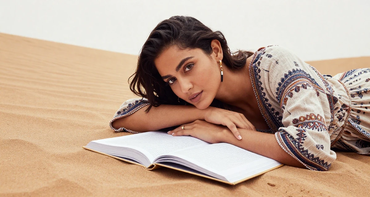 A gentle Female From Sri Lanka, based in Kandy, graduated from a regional institute majoring in advertising in their 24, curating a specific high-end lifestyle, wearing a relaxed bohemian style dress, opening a book in a desert sand dunes.