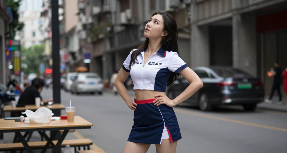 A steady Female From Guangzhou China, studied international business in their 28, questioning whether to scale up or scale back, wearing a race queen outfit with a zipper front and mini skirt, looking up at the sky in a urban street.