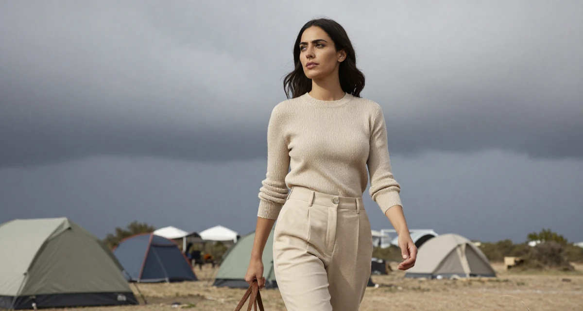 A zoned out Female From Israel, has a background in tech startups in their 39, sharing stories of resilience and growth, wearing a monochromatic beige outfit with a knit top and trousers, looking through a bag in a camping site.
