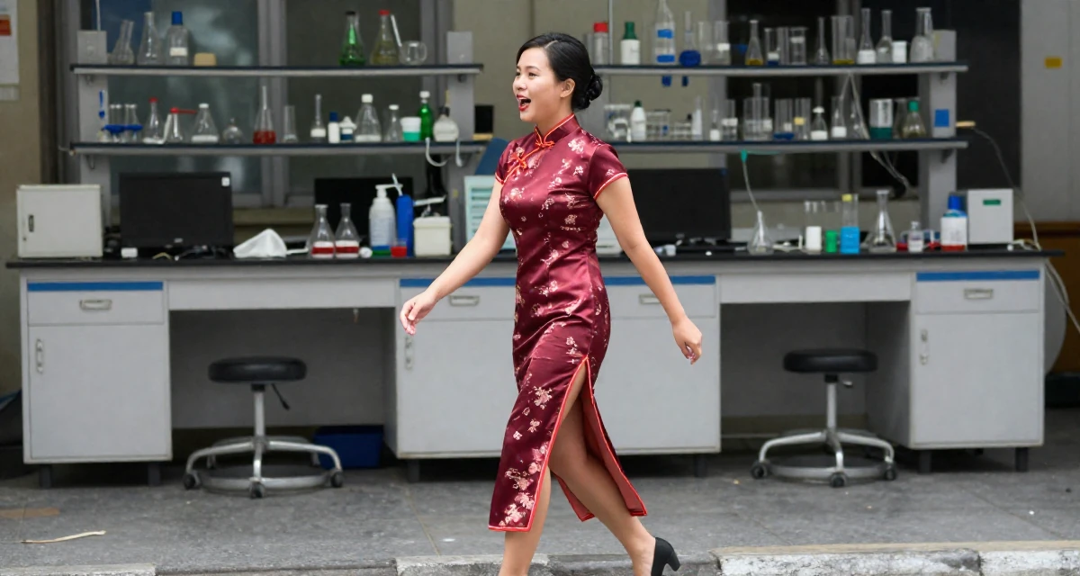 A enthusiastic Female From Ho Chi Minh City Vietnam, studied creative media and personal branding in their 28, feeling a renewed sense of ambition, wearing a Chinese qipao (cheongsam) modified with a high slit, stepping onto a curb in a science lab.