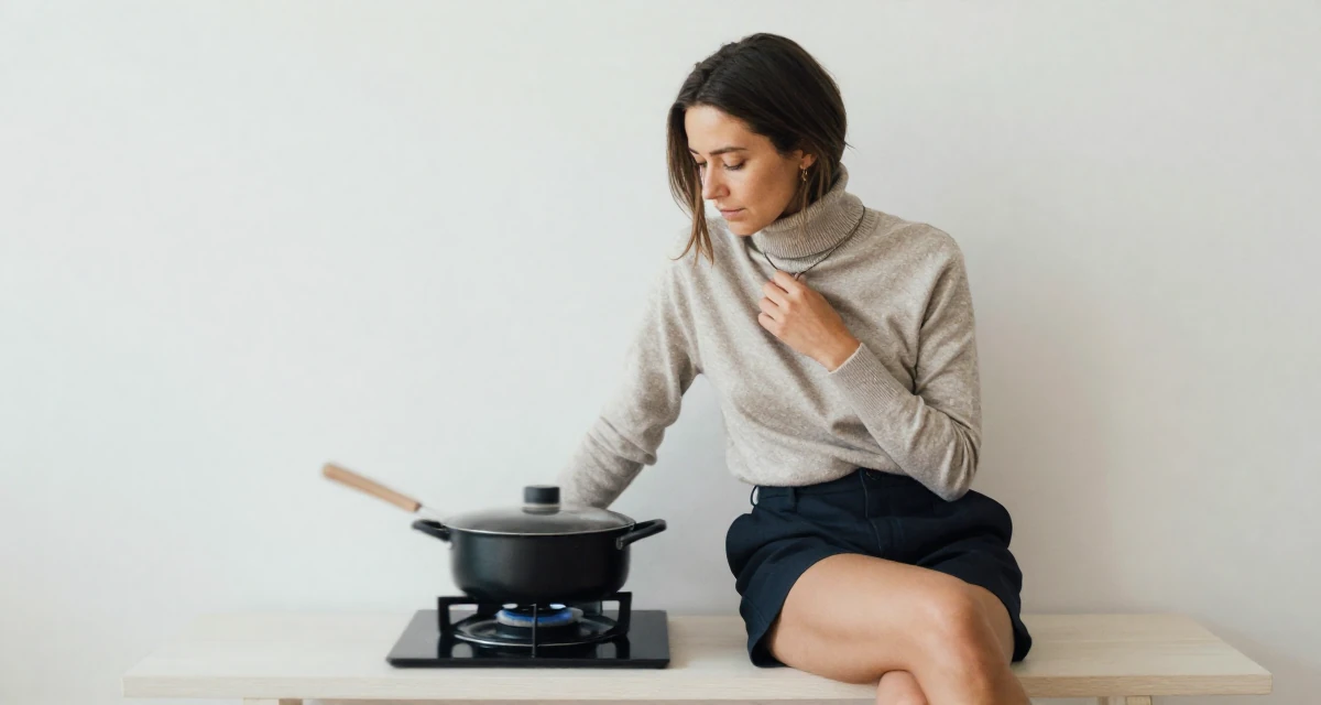 A quiet Female From Denmark, majored in furniture design in their 31, learning to cook gourmet meals at home, wearing a turtleneck sweater tucked into high-waisted shorts, touching a necklace in a park bench.