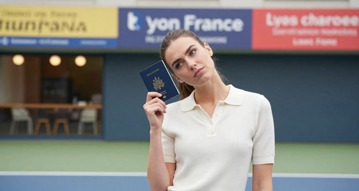 A arrogant Female From Lyon France, studied fashion marketing in their 23, realizing self-promotion is a full-time job with no salary, wearing a smart knit polo, holding a passport in a tennis court.