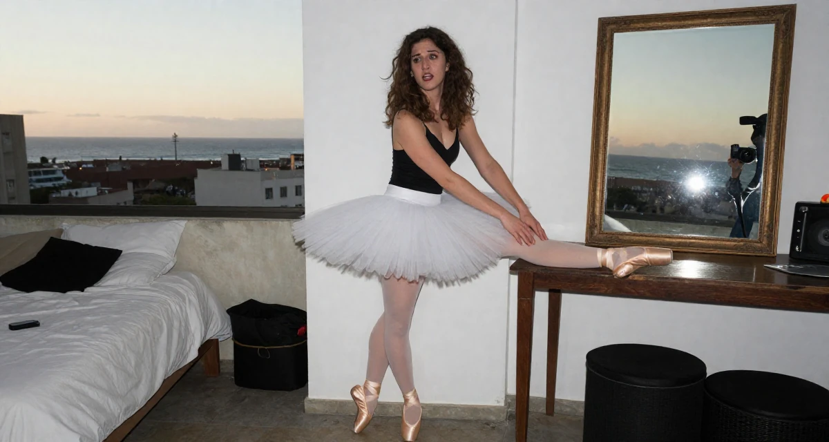 A relaxed and carefree Female From Argentina, studied digital marketing in their 23, changing career paths with terrifying courage, wearing a ballet tutu and satin pointe shoes, resting hands on a table in a minimalist bedroom.