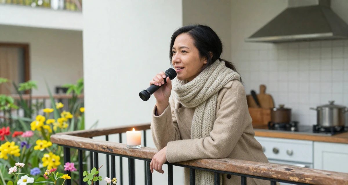 A satisfied Female From Guangzhou China, studied international business in their 38, documenting a home gym transformation, wearing a heavy knit scarf and coat, humming a tune visually in a rustic kitchen.