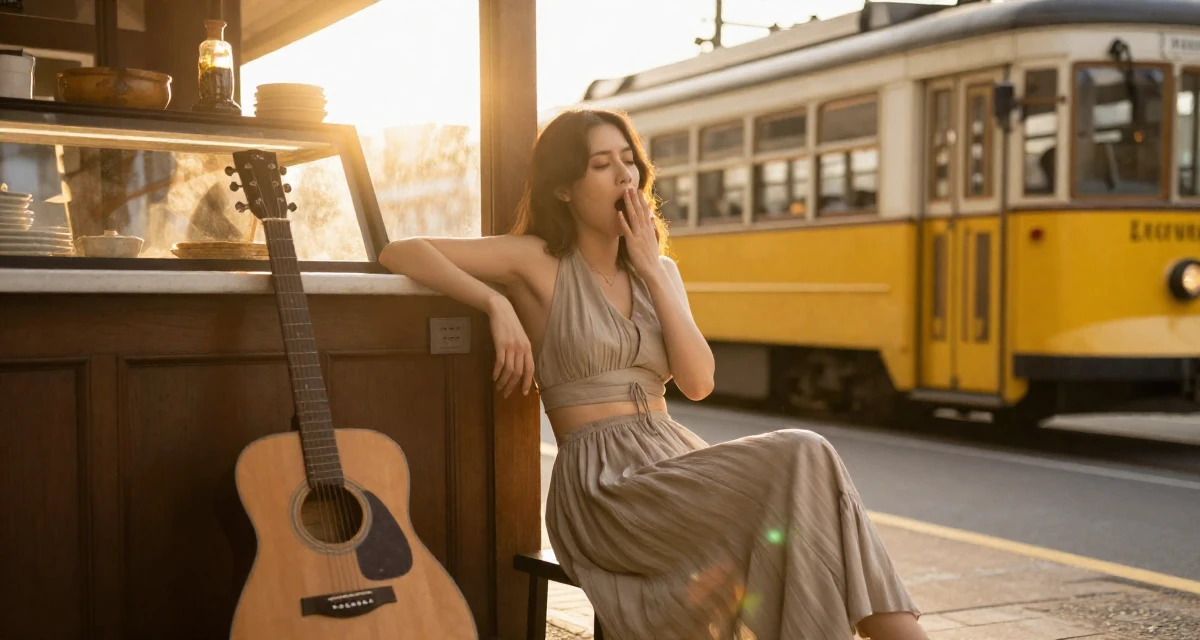 A expectant Female Once a soldier trainee, now exploring softer sides through creator work in their 24, managing emotional ups and downs from online criticism, wearing a halter neck crop top and a flowing maxi skirt, yawning discreetly in a bakery counter.